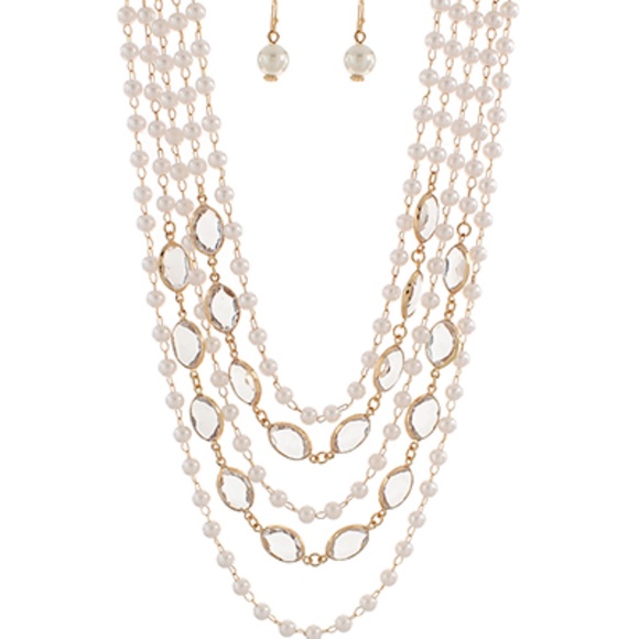 5 Layer Crystal & Pearl Chain Necklace Set